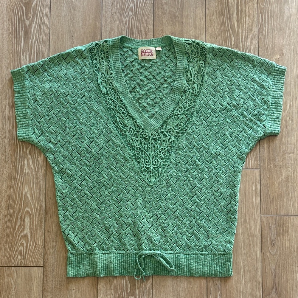 Anthropologie Rosie Neira Vintage Green Lace V-Neck Knit top